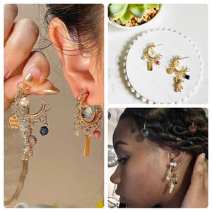 2/$30🌵 Gold Tone Charm Hoop Earrings Teddy Bear Pearl Handmade Tag Bead NEW